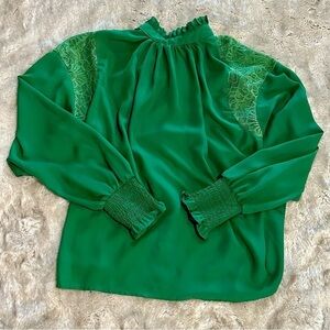 Size large feminine frilly modest green long sleeve blouse, lace details​​​​​​​